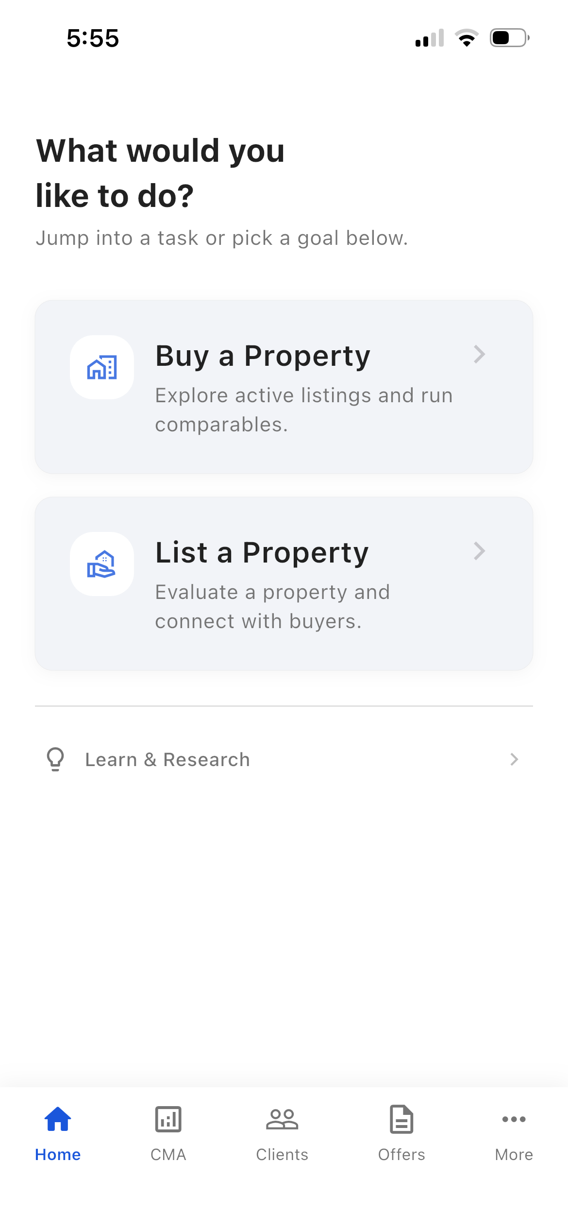 Home screen, choose a task