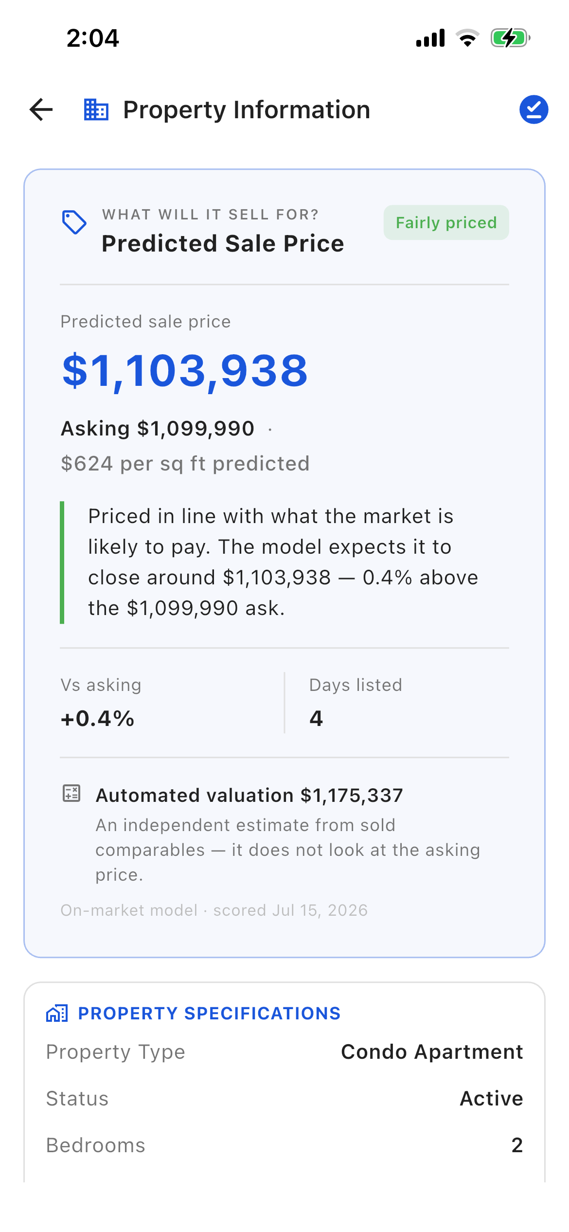 Property information, predicted sale price